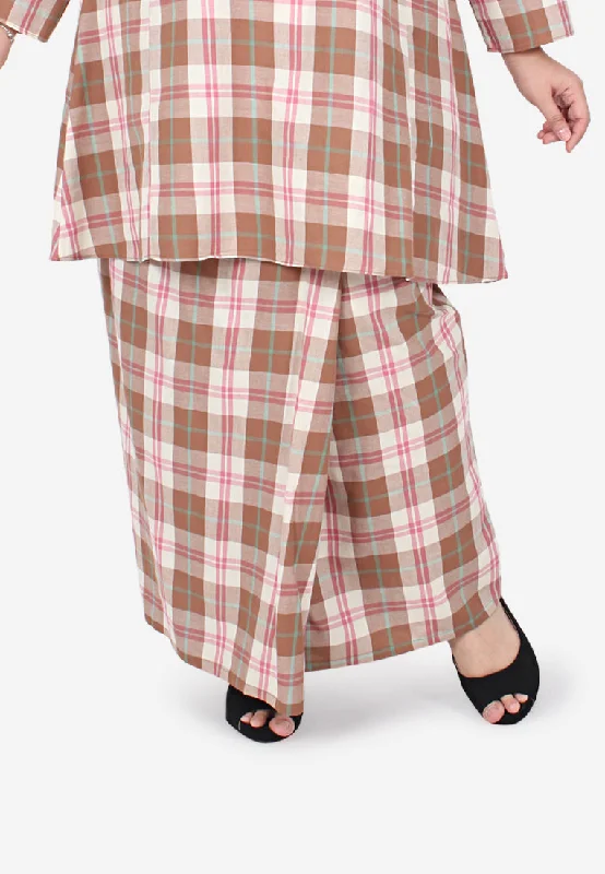 Ayila OOTB Collection Long Checkered Skirt - Brown Pink silk skirt lustrous