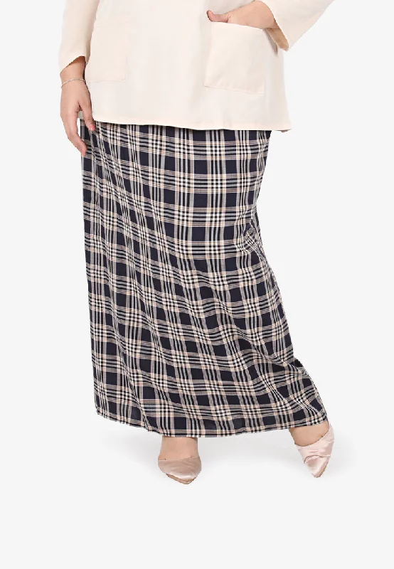 Cesaria Long Checkered Straight Cut Skirt - Navy Blue velvet skirt plush