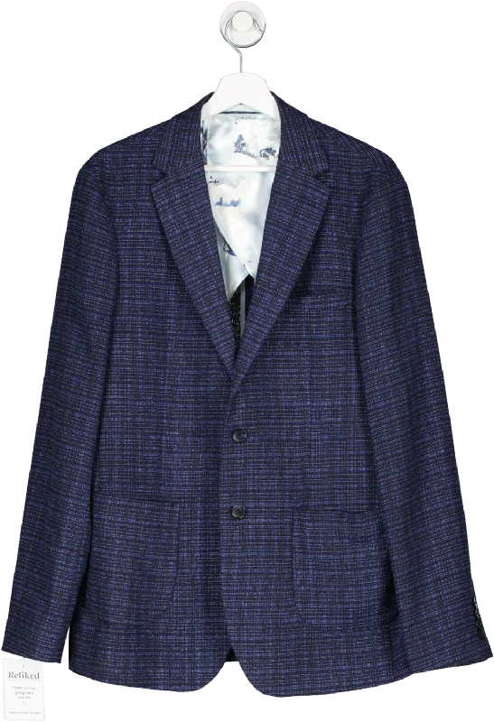 Moss Bros Blue Skinny Fit Navy Black Check Suit Jacket UK L Fitted Jacket Loose Jacket Oversized Jacket