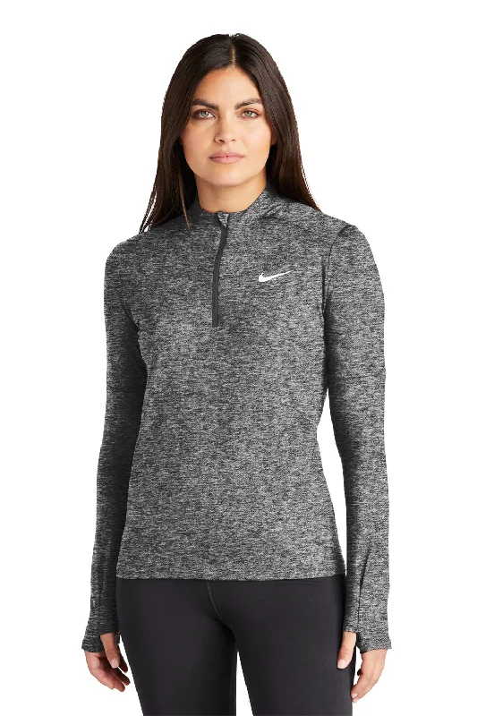 Nike Womens Element Dri-Fit Moisture Wicking 1/4 Zip Sweatshirt - Heather Black Hoodie with Ribbed Neckline Snug Warm Nike Womens Element Dri-Fit Moisture Wicking 1/4 Zip Sweatshirt - Heather Black Hoodie with Ribbed Neckline Snug Warm
