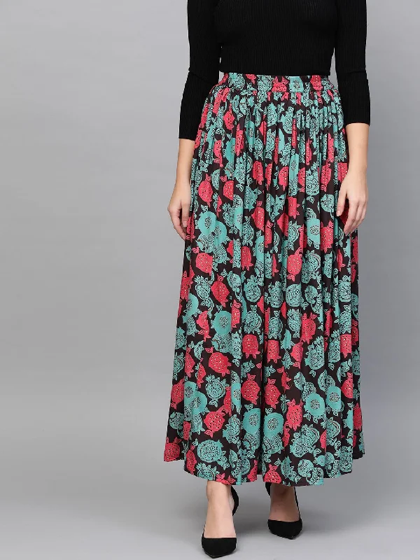 NOZ2TOZ Women Black & Green Floral Printed Flared Skirt ribbed skirt waist