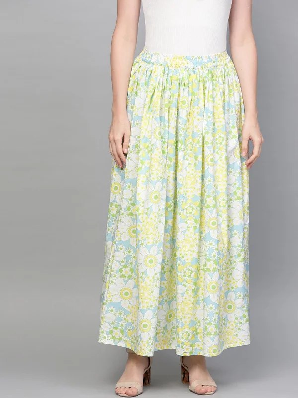 NOZ2TOZ Women Blue & Yellow Floral Printed Flared Skirt relaxed fit skirt