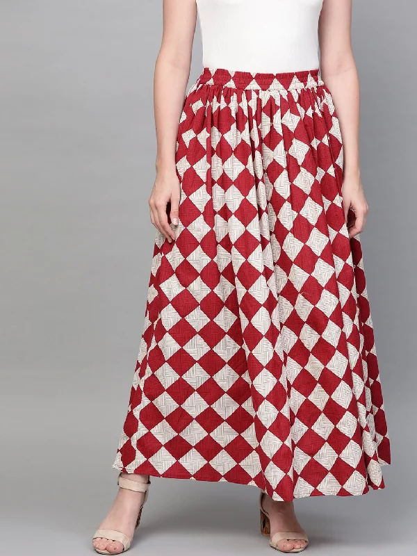 NOZ2TOZ Women Maroon & White Checkerd Printed Flared Skirt leather skirt durable