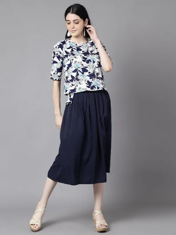 NOZ2TOZ Women Navy Blue Slip-On Polyester Short Sleeves Skirt and Top Set corduroy skirt comfortable