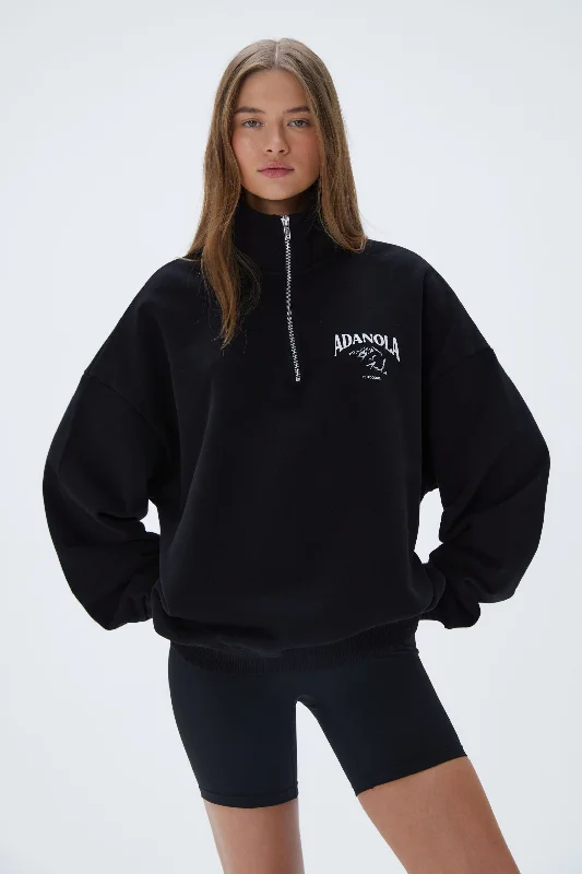 Outdoors Oversized Funnel Neck Zip Sweatshirt - Black Hoodie with Hem Detail Decorative Unique Outdoors Oversized Funnel Neck Zip Sweatshirt - Black Hoodie with Hem Detail Decorative Unique