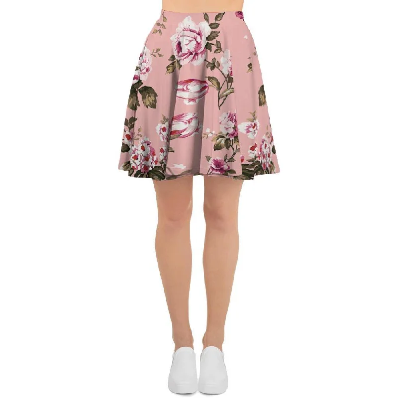 Pink Rose Floral Print Women's Skirt spandex blend skirt