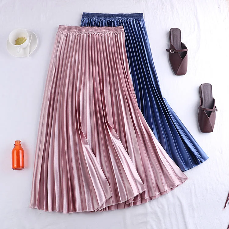 Pleated Satin Midi Skirt (7 Colors) velvet skirt rich