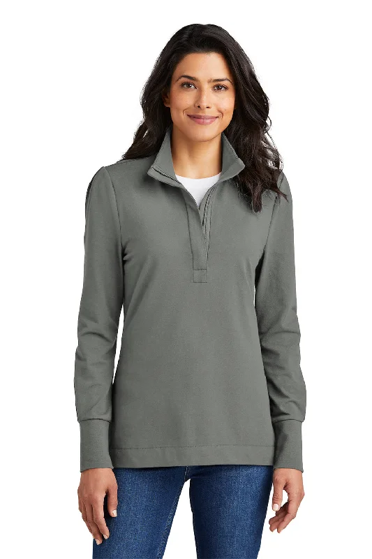 Port Authority Womens Fairway 1/4 Zip Sweatshirt - Shadow Grey Hoodie with Hem Embroidery Detailed Premium Port Authority Womens Fairway 1/4 Zip Sweatshirt - Shadow Grey Hoodie with Hem Embroidery Detailed Premium