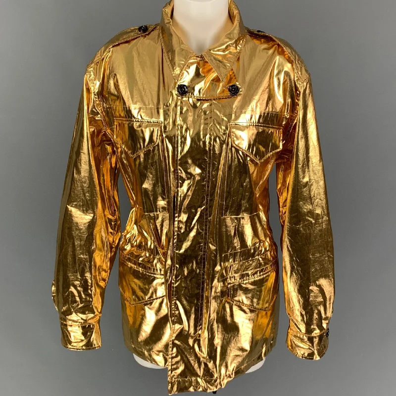 RALPH LAUREN Collection Size M Gold Cotton Metallic Zip & Snaps Jacket Nylon Fabric Polyester Fabric Spandex Fabric