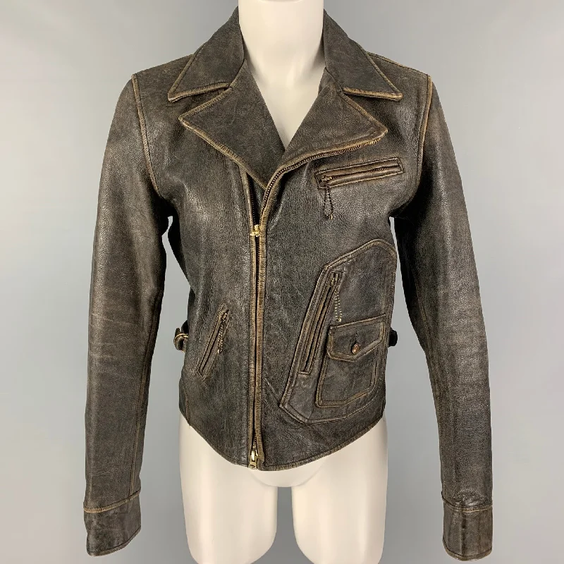 RALPH LAUREN Size S Brown Antique Leather Biker Jacket Satin Jacket Silk Jacket Chiffon Jacket