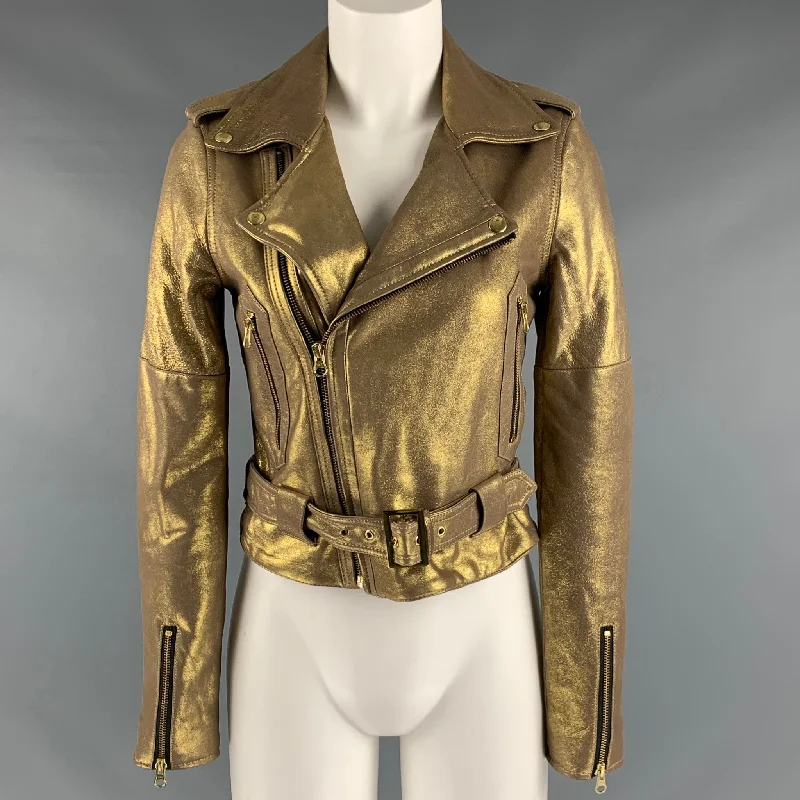 REBECCA MINKOFF Size XS Gold Leather Metallic Lambskin Biker Jacket (Outdoor) Mesh Jacket Canvas Jacket Denim Jacket