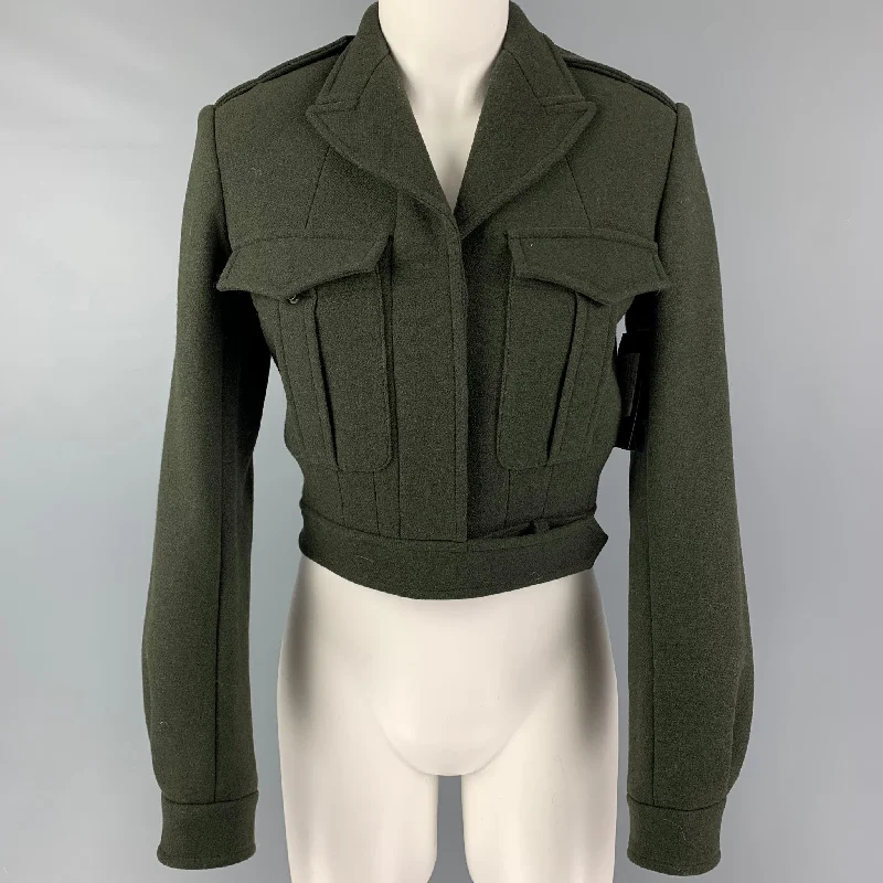 SAINT LAURENT Size 4 Dark Green Wool Cropped Military Jacket Striped Jacket Polka Dot Jacket Floral Jacket