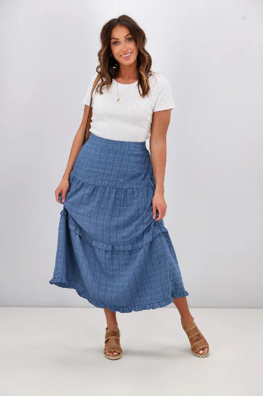 Shine On Label Zeppelin Tiered Maxi Skirt  Denim Blue linen skirt airy