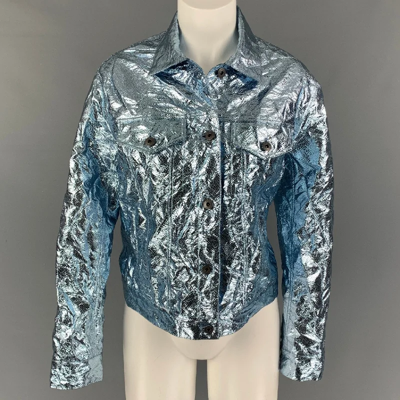 SIES MARJAN Size 2 Blue Metallic Wrinkled Trucker Jacket Nylon Fabric Polyester Fabric Spandex Fabric