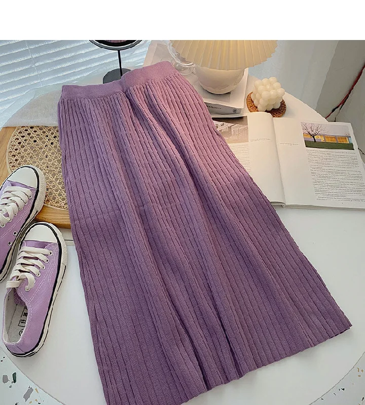 Simple solid color high waist knitted thread A-line skirt  5750 silk skirt lustrous