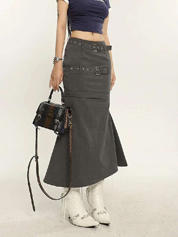 Solia Solid Color Grey Belted Detachable Long/Short Fishtail Skirt high waist skirt