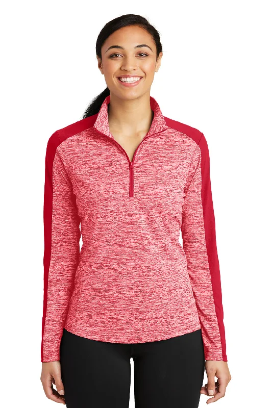 Sport-Tek Womens Electric Heather Moisture Wicking 1/4 Zip Sweatshirt - Deep Red Electric/Deep Red Hoodie with Drawcord Adjustable Secure Sport-Tek Womens Electric Heather Moisture Wicking 1/4 Zip Sweatshirt - Deep Red Electric/Deep Red Hoodie with Drawcord Adjustable Secure