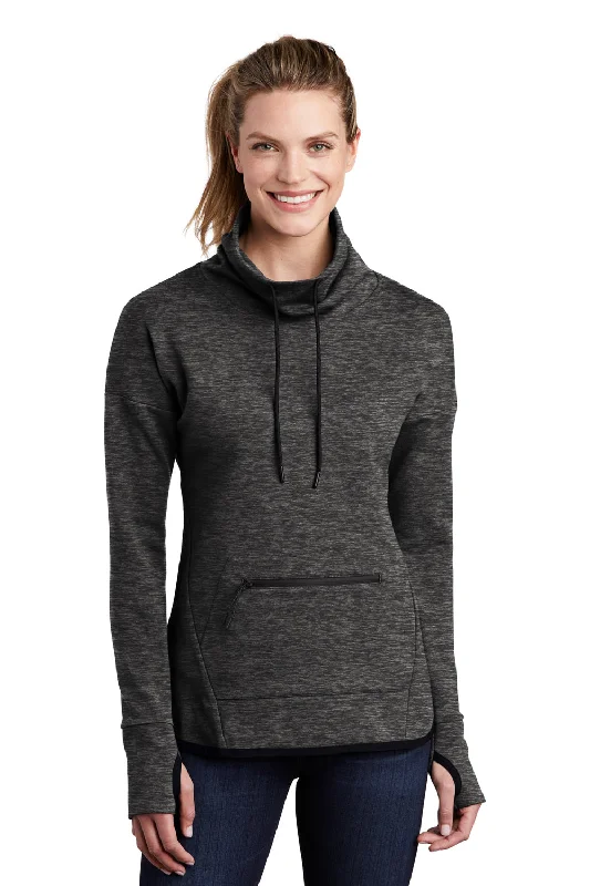 Sport-Tek Womens Triumph Fleece Cowl Neck Sweatshirt w/ Pocket - Heather Black Hoodie with Zipper Placket Modern Functional Sport-Tek Womens Triumph Fleece Cowl Neck Sweatshirt w/ Pocket - Heather Black Hoodie with Zipper Placket Modern Functional