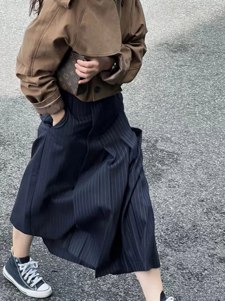 Striped Suit Pleated Harajuku High Waisted Pocket Slim Long Skirt cashmere skirt fine