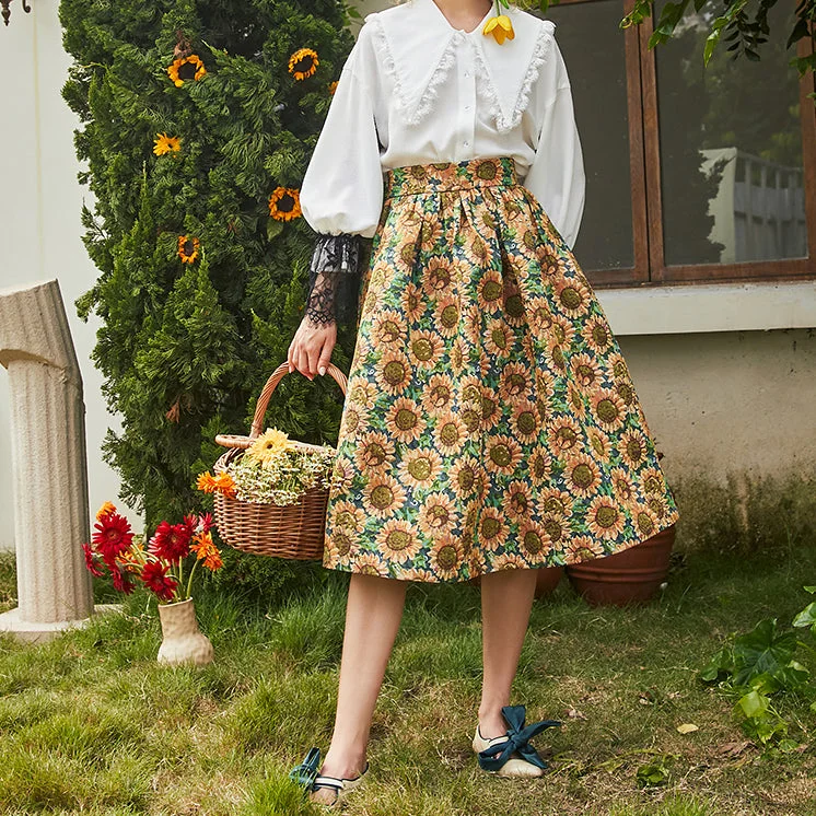 Sunflower Jacquard Midi Skirt (Blue/Yellow) leather skirt bold