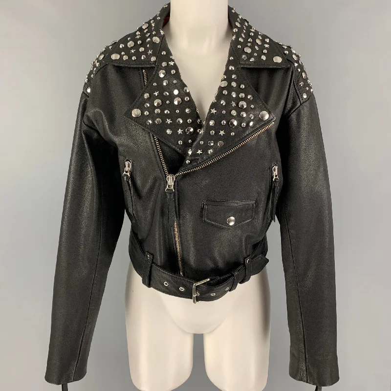 THE KOOPLES Size 2 Black Leather Studded Biker Jacket Collared Jacket Crew Neck Jacket Turtle Neck Jacket