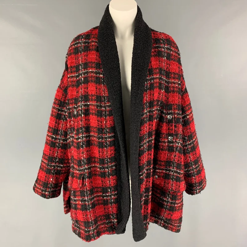 THE KOOPLES Size One Size Black Red Acrylic Blend Plaid Jacket Belted Jacket Elasticated Jacket Padded Jacket