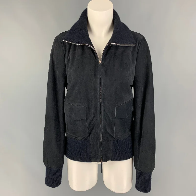 THE ROW Size S Navy Cashmere Blend Lamb Skin Bomber Jacket Welt Pockets Slit Pockets Flap Pockets