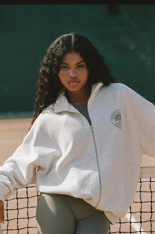 Vacation Oversized Funnel Full Zip Sweatshirt - Light Grey Melange Hoodie with Velcro Closure Adjustable Secure Vacation Oversized Funnel Full Zip Sweatshirt - Light Grey Melange Hoodie with Velcro Closure Adjustable Secure