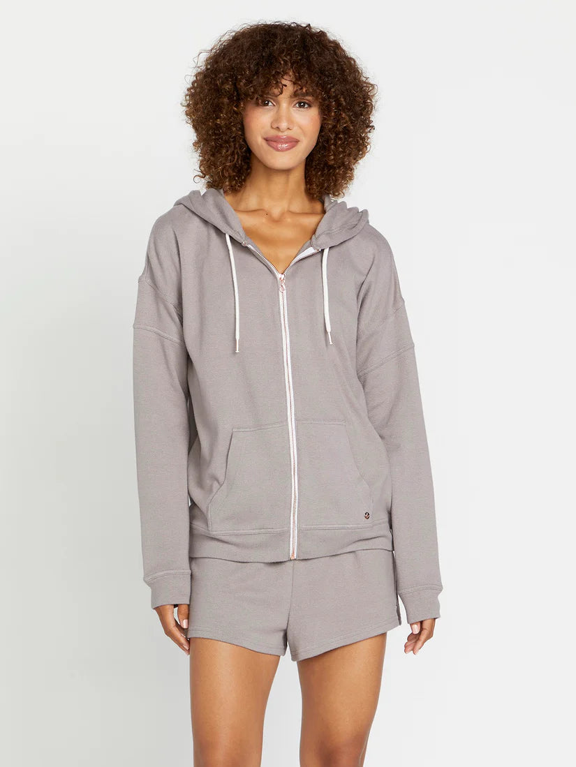 Volcom Womens Lil Zip Fleece Jacket Hoodie- Daze Grey Front Pockets Side Pockets Patch Pockets