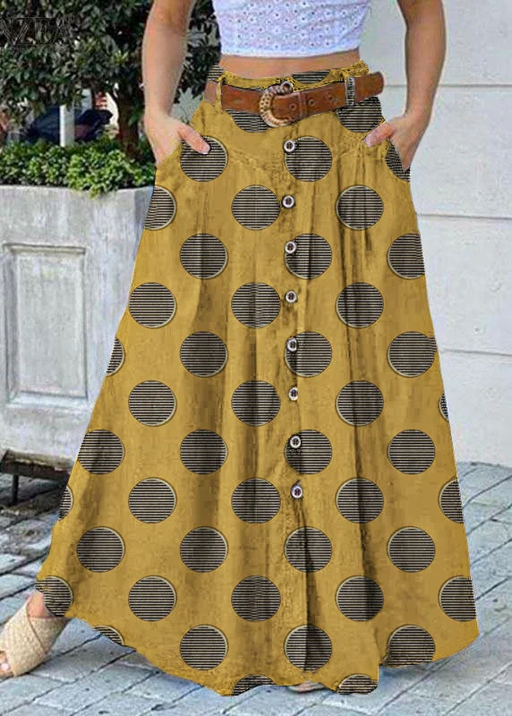 Women yellow polka dots Bottom Front Loose Casual Long Skirt With Pocket silk skirt luxurious