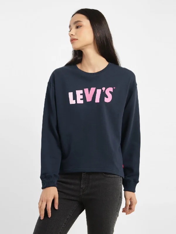 Women's Graphic Print Navy Crew Neck Sweatshirt Hoodie with Contrast Stitching Detailed Premium Women's Graphic Print Navy Crew Neck Sweatshirt Hoodie with Contrast Stitching Detailed Premium