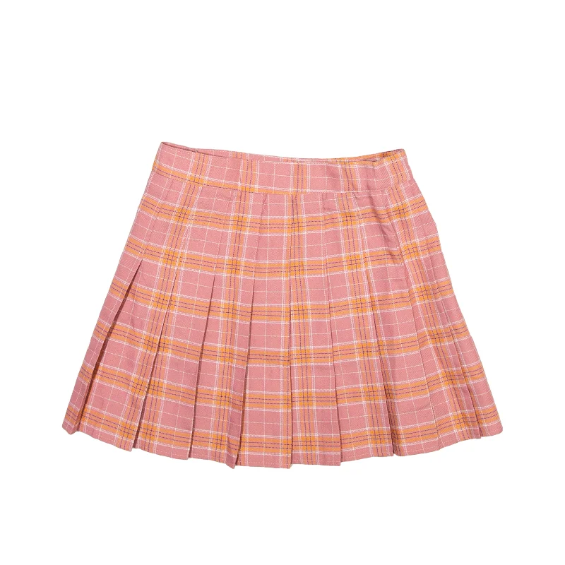 XMM Pleated Short Mini Skirt Pink Check Womens S flowy skirt hem